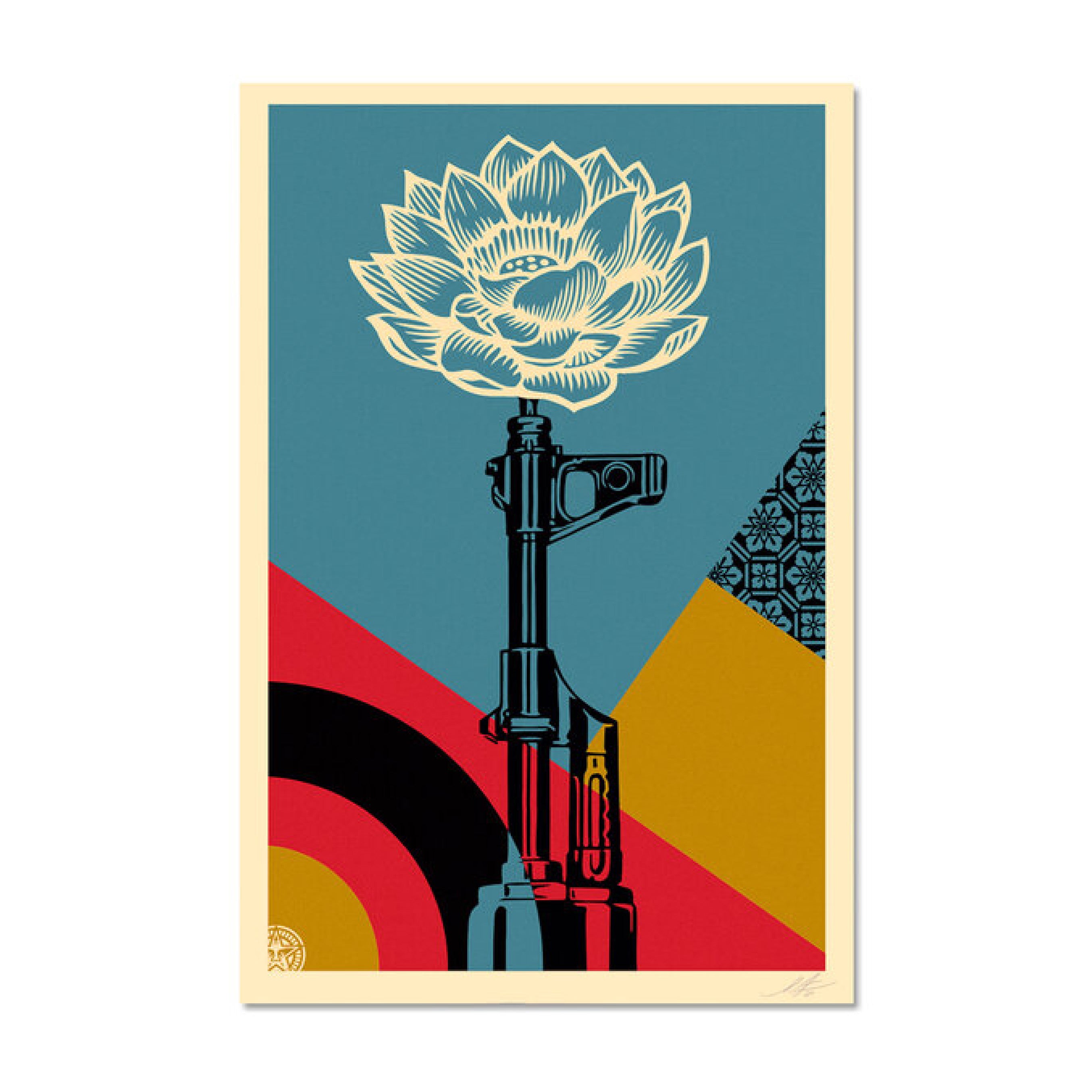 額装済/AK-47 Lotus 手書きサイン入り（オベイ）/アートポスター AK-47 LOTUS - Obey Giant