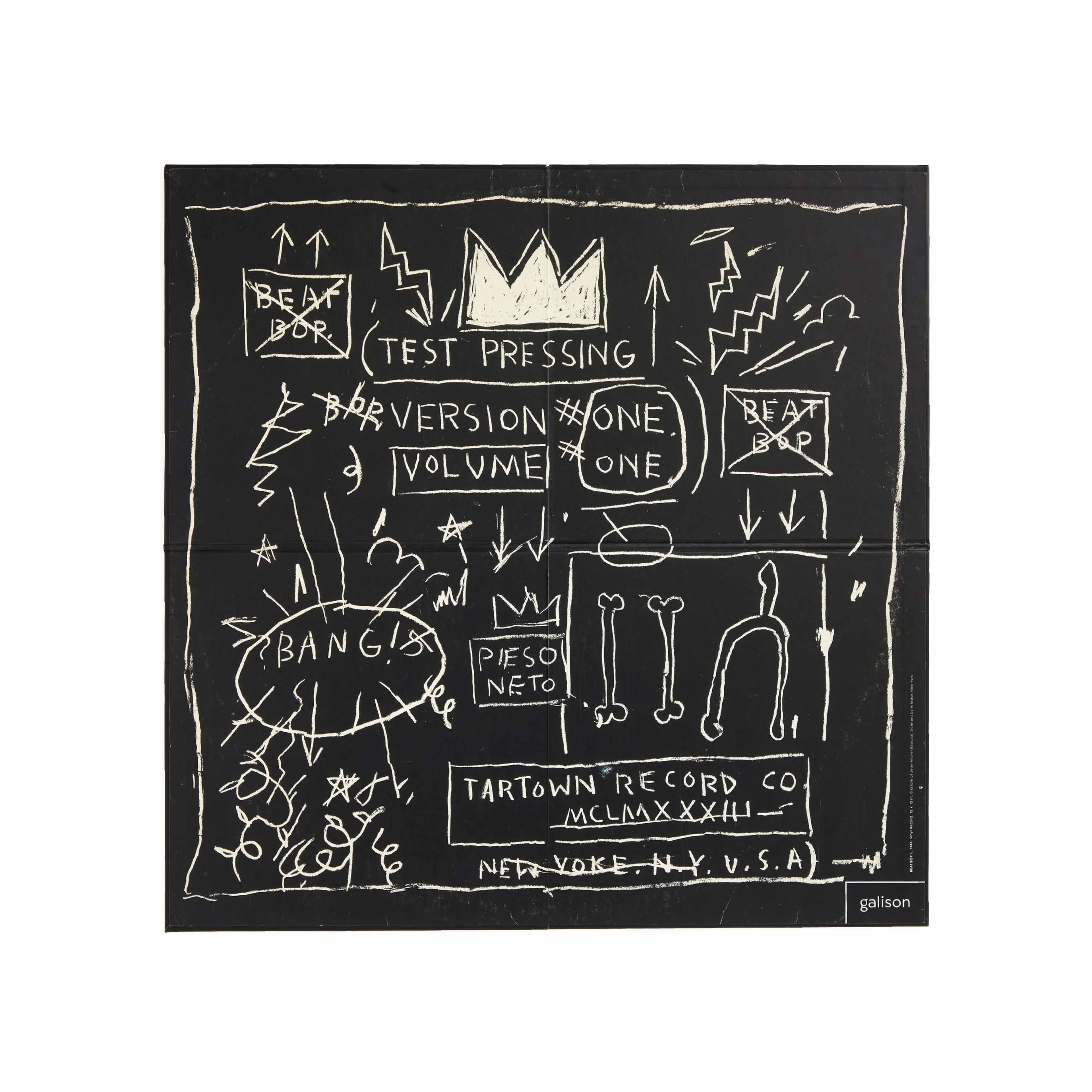 Black album cover with white graphic design and text, featuring a crown and abstract elements.