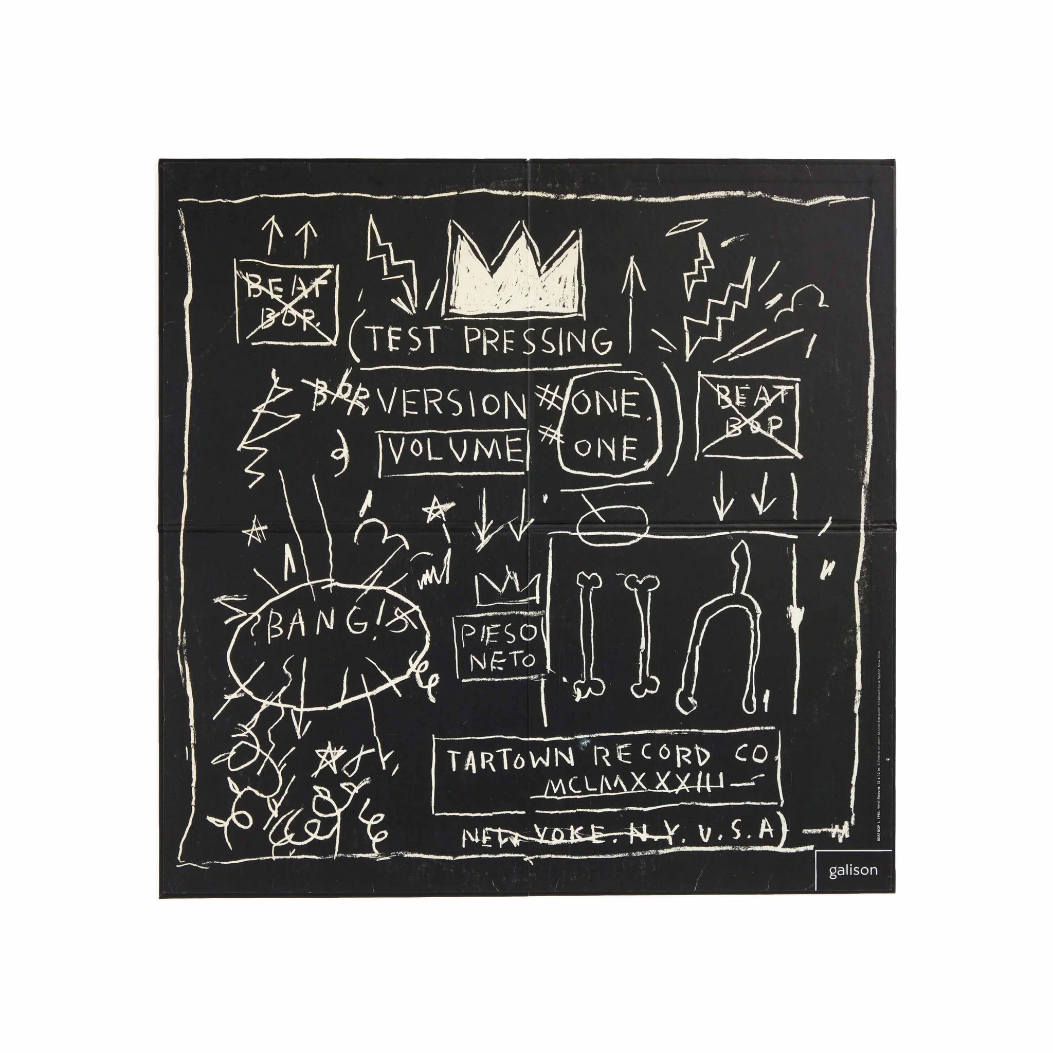 Black album cover with white graphic design and text, featuring a crown and abstract elements.
