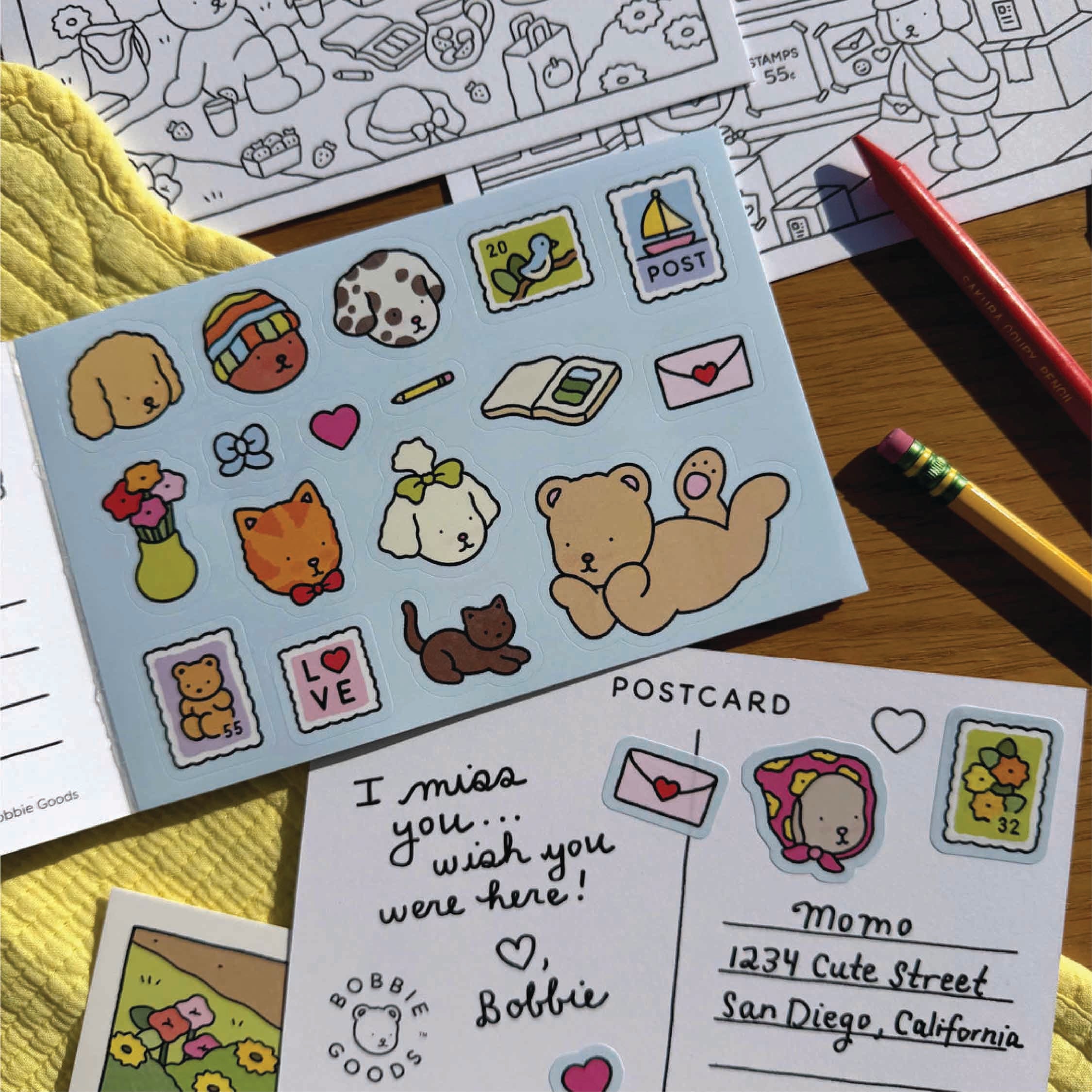 Sticker sheet included with Bobbie Goods postcard coloring book