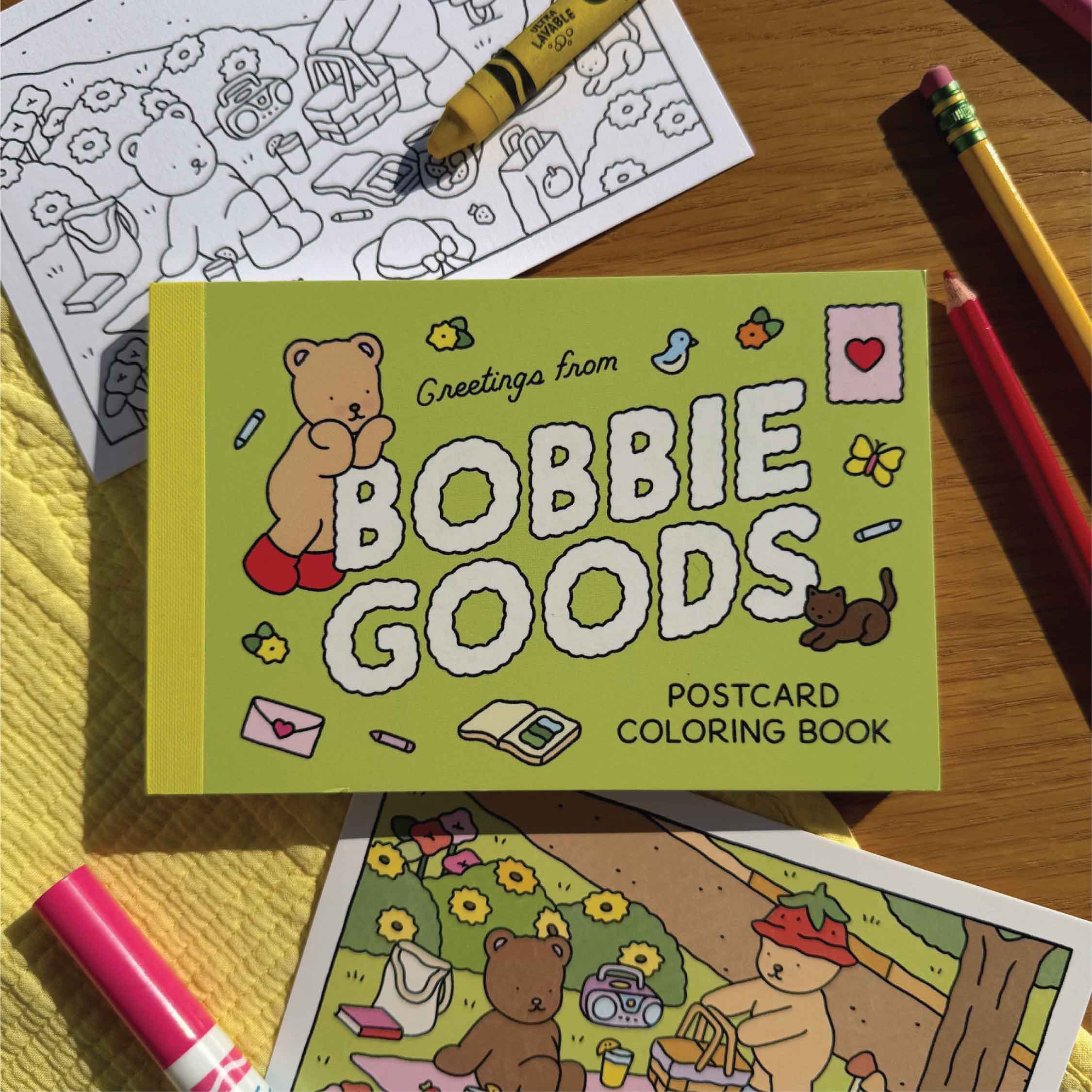 “Bobbie Goods postcard coloring pages with crayons and colored example”