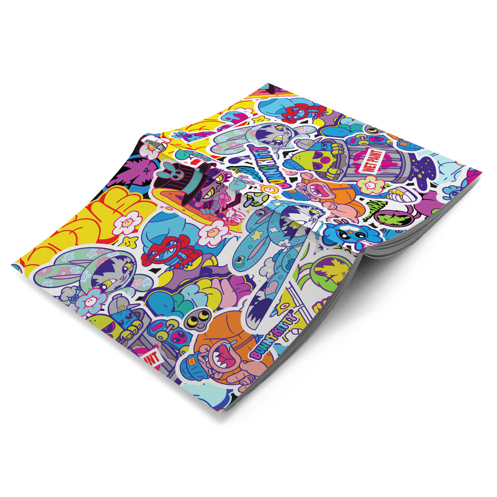 Angled view of Bunny Kitty notebook showing thick pages and bright, graphic wraparound cover