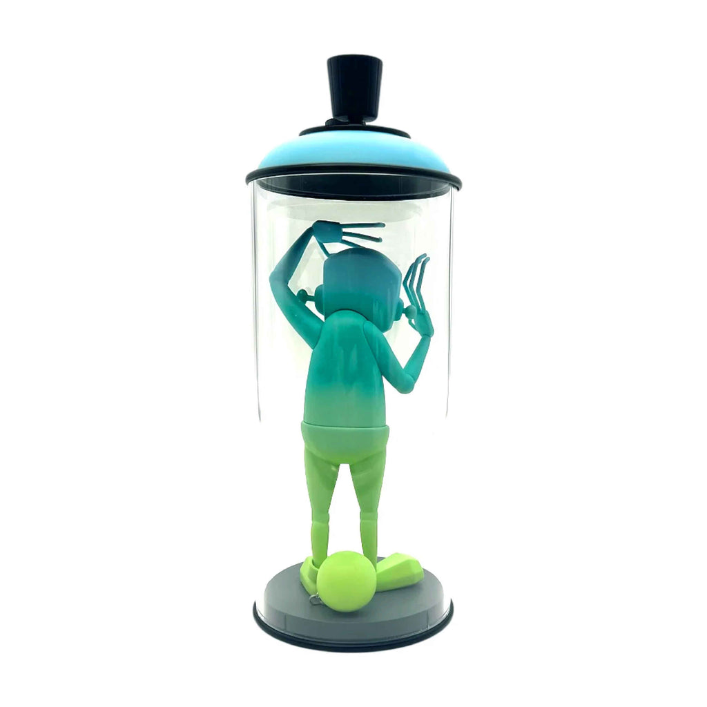 Green and blue character inside a transparent dome with black lid on a white background