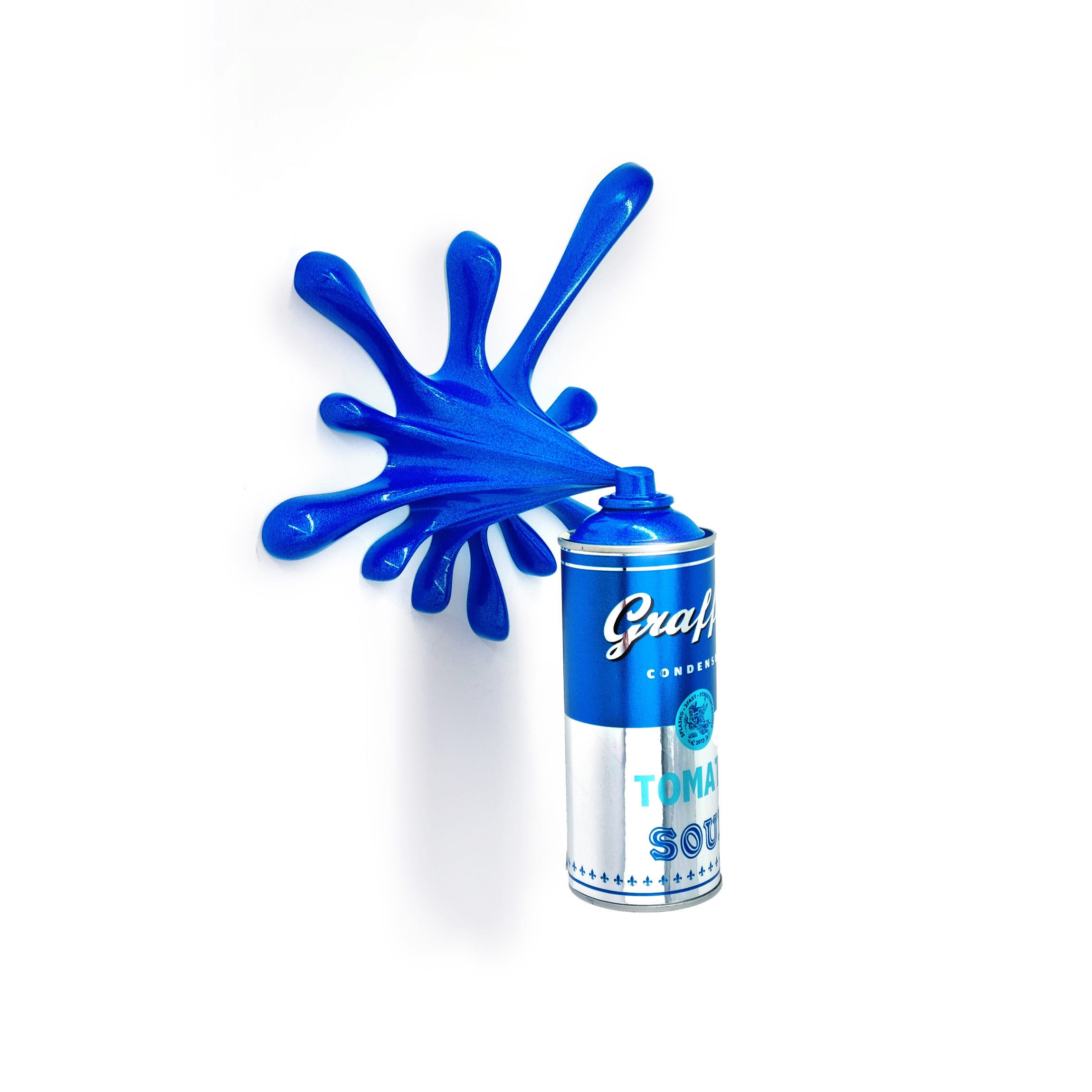 Blue Chrome Warhol Tomato Soup Can Splash Graffiti Sculpture