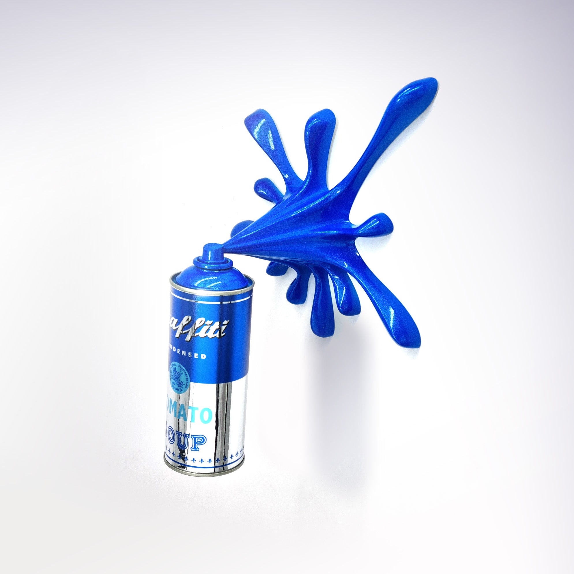 Blue Chrome Warhol Tomato Soup Can Splash Graffiti Sculpture