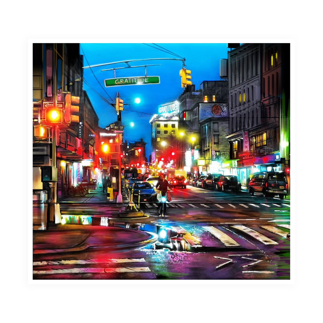 Colorful city street at night with neon lights and traffic lights. Main image