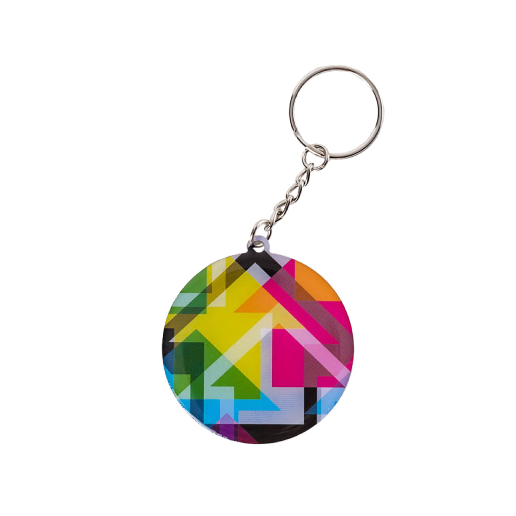 Colorful geometric patterned keychain on a white background