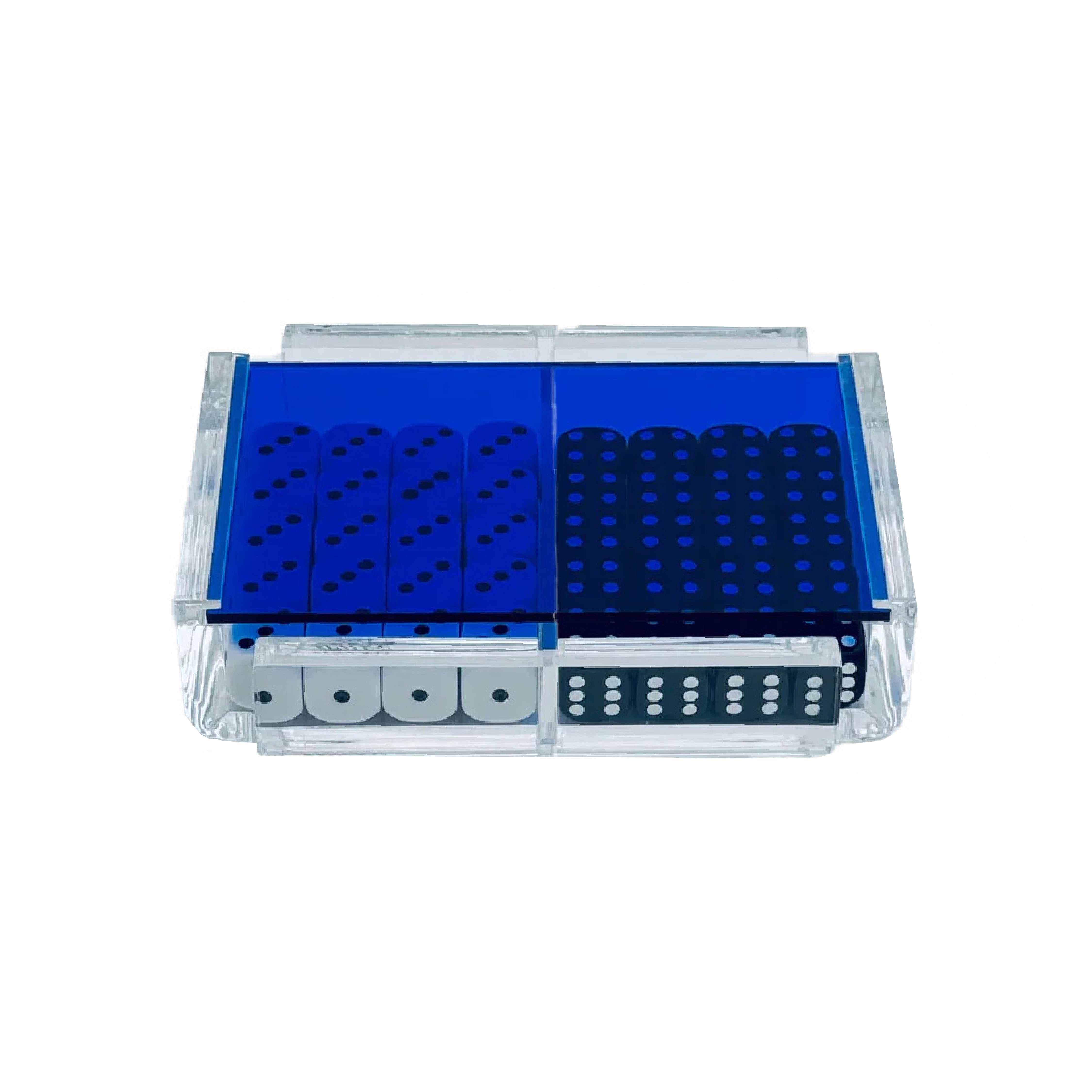 A clear acrylic dice storage and display case with blue accents on the lid, containing 40 dice in two rows. Main image
