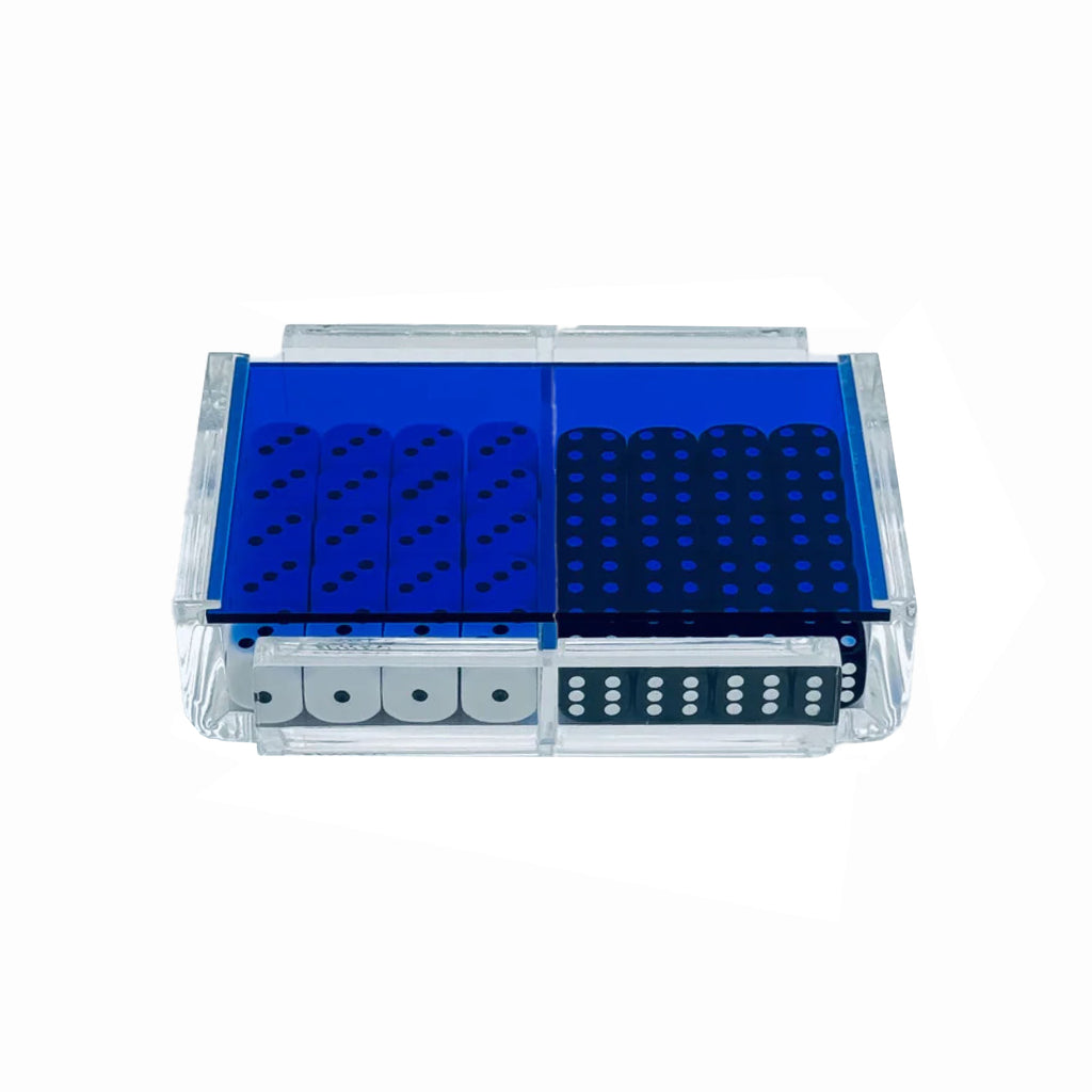 A clear acrylic dice storage and display case with blue accents on the lid, containing 40 dice in two rows.