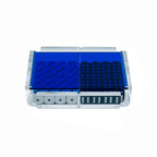 A clear acrylic dice storage and display case with blue accents on the lid, containing 40 dice in two rows.