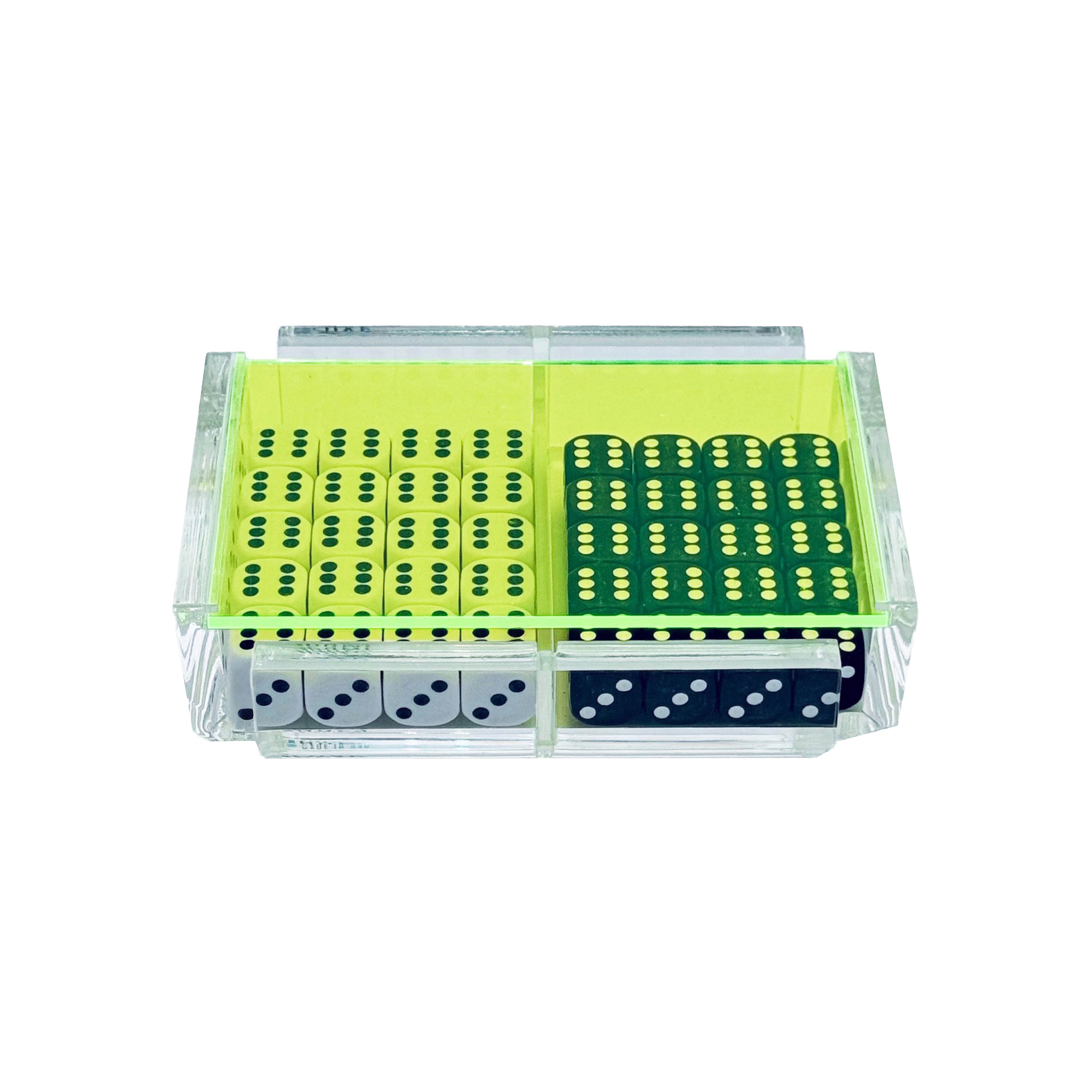 El Dado Luxe dice case with neon green lid holding 40 dice