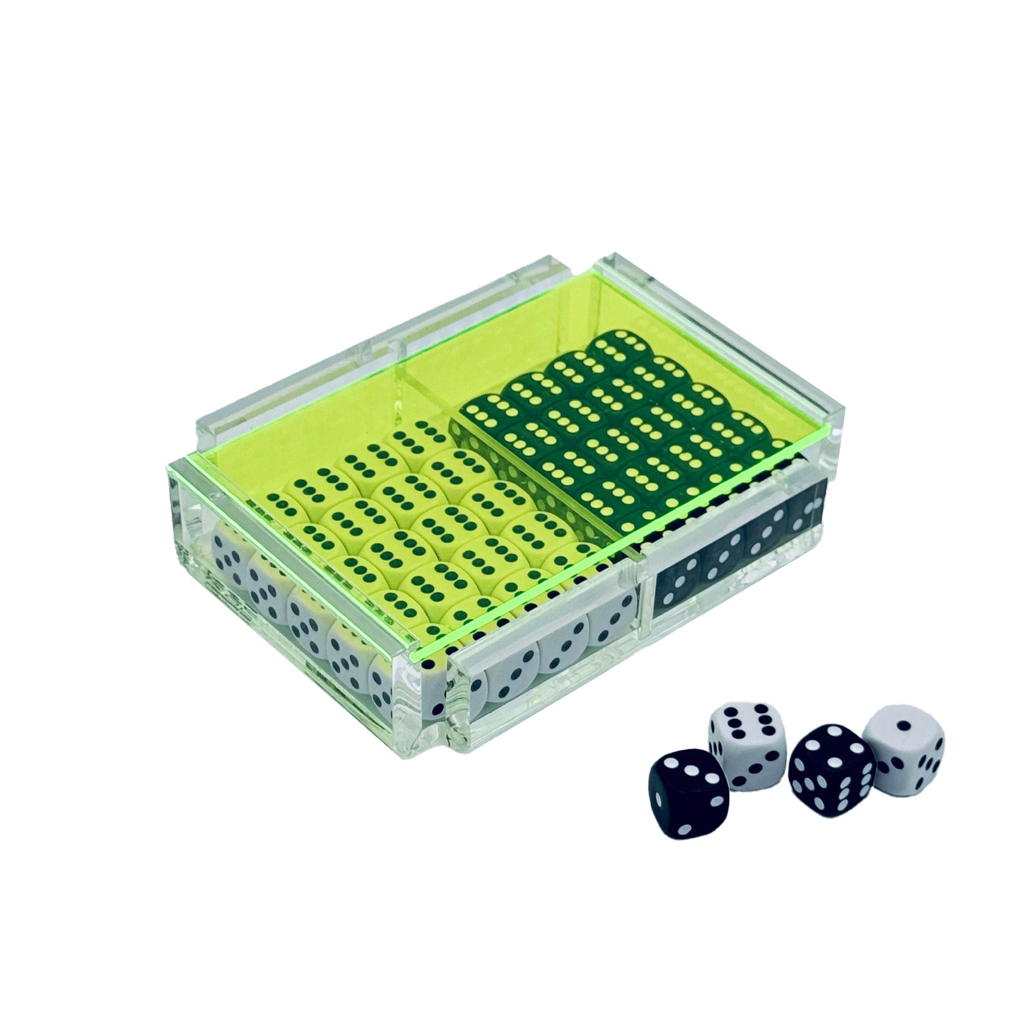 El Dado Luxe dice case with neon green lid holding 40 dice