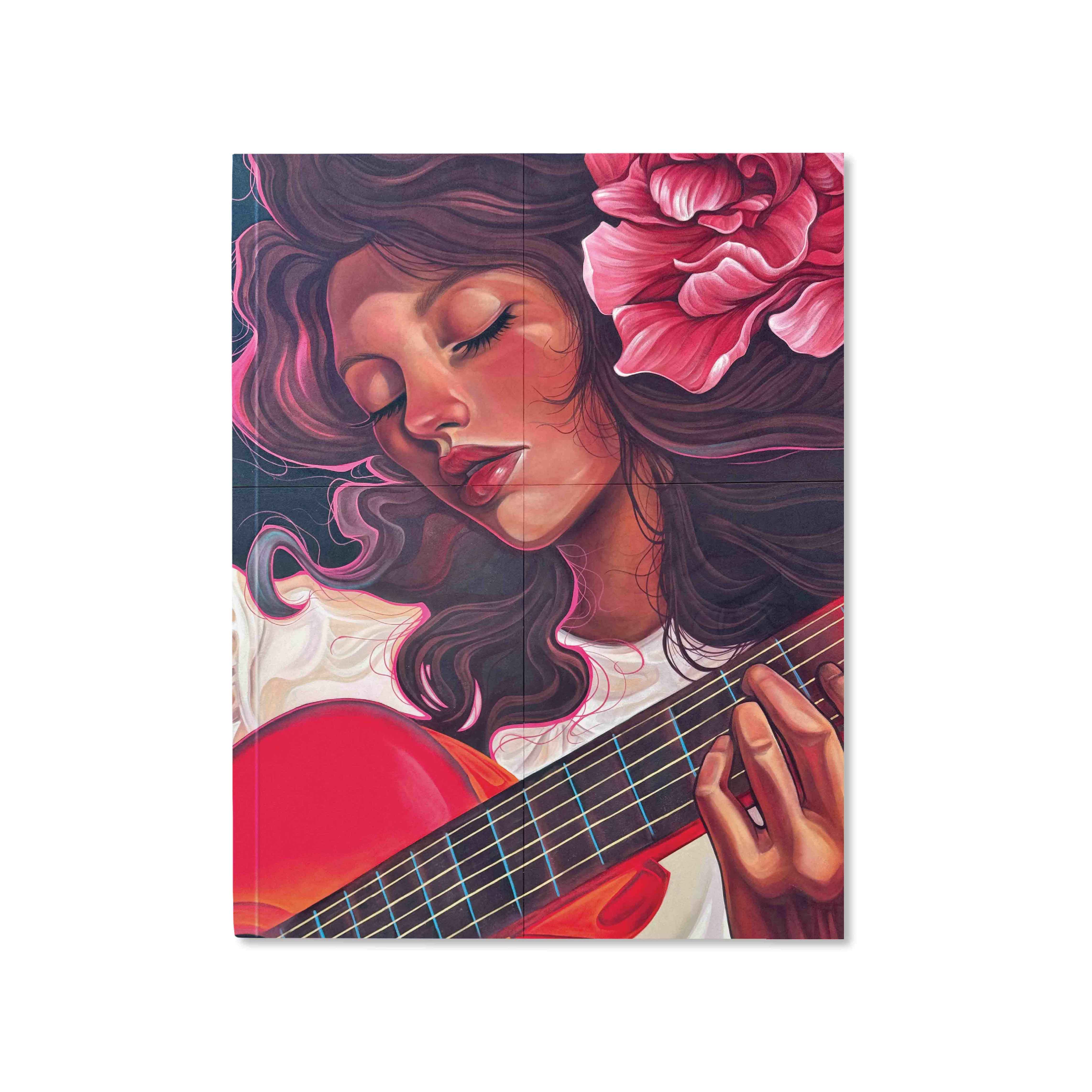 Medium notebook cover showing a woman with closed eyes playing a red guitar, with a large pink flower in her hair—Miss Birdy EVERY FLOWER SINGS Main image