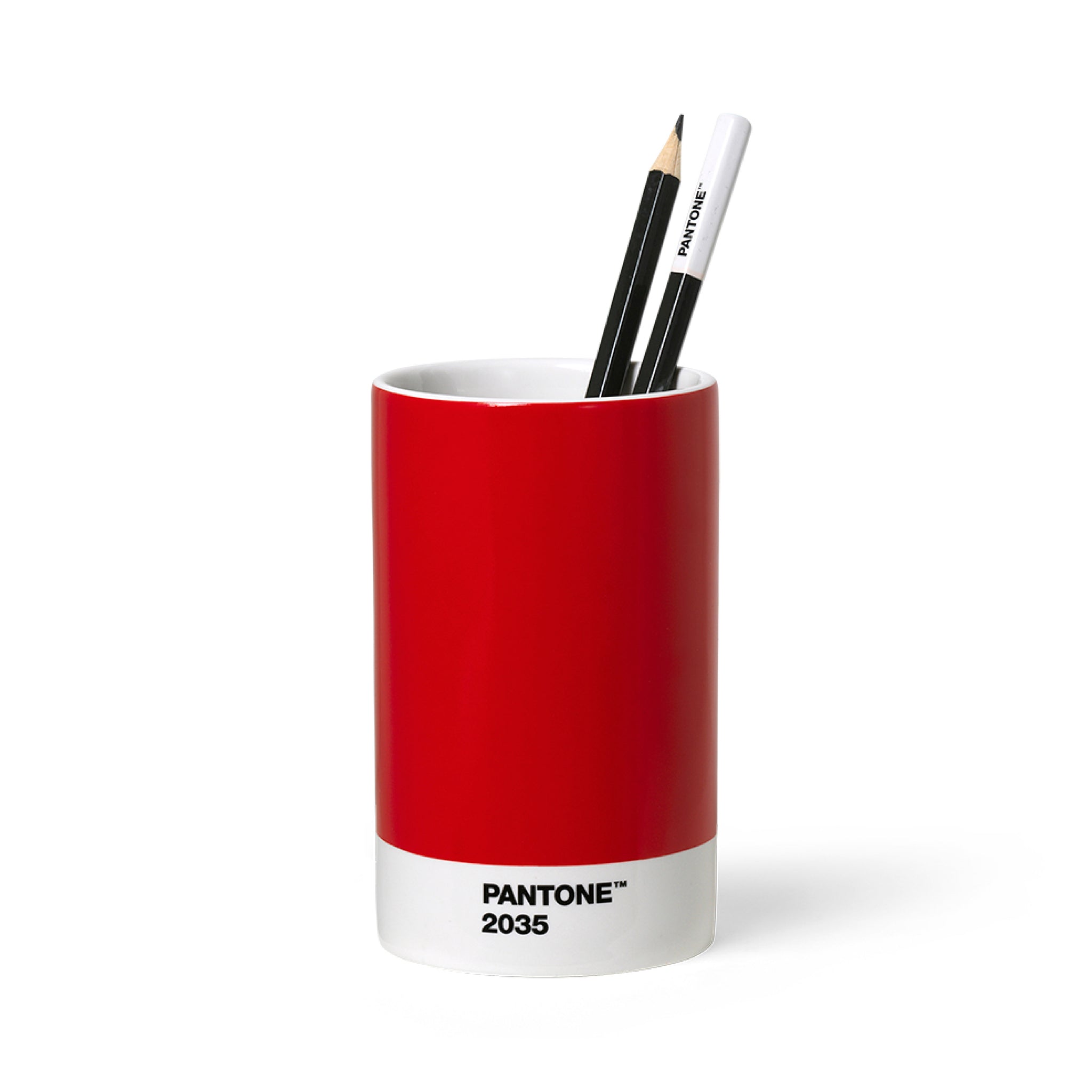 Red and white PANTONE pen holder with two pencils on a white background