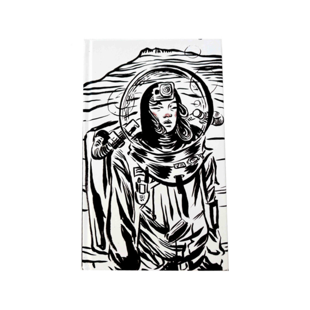 Black and white illustration of an astronaut on a white background