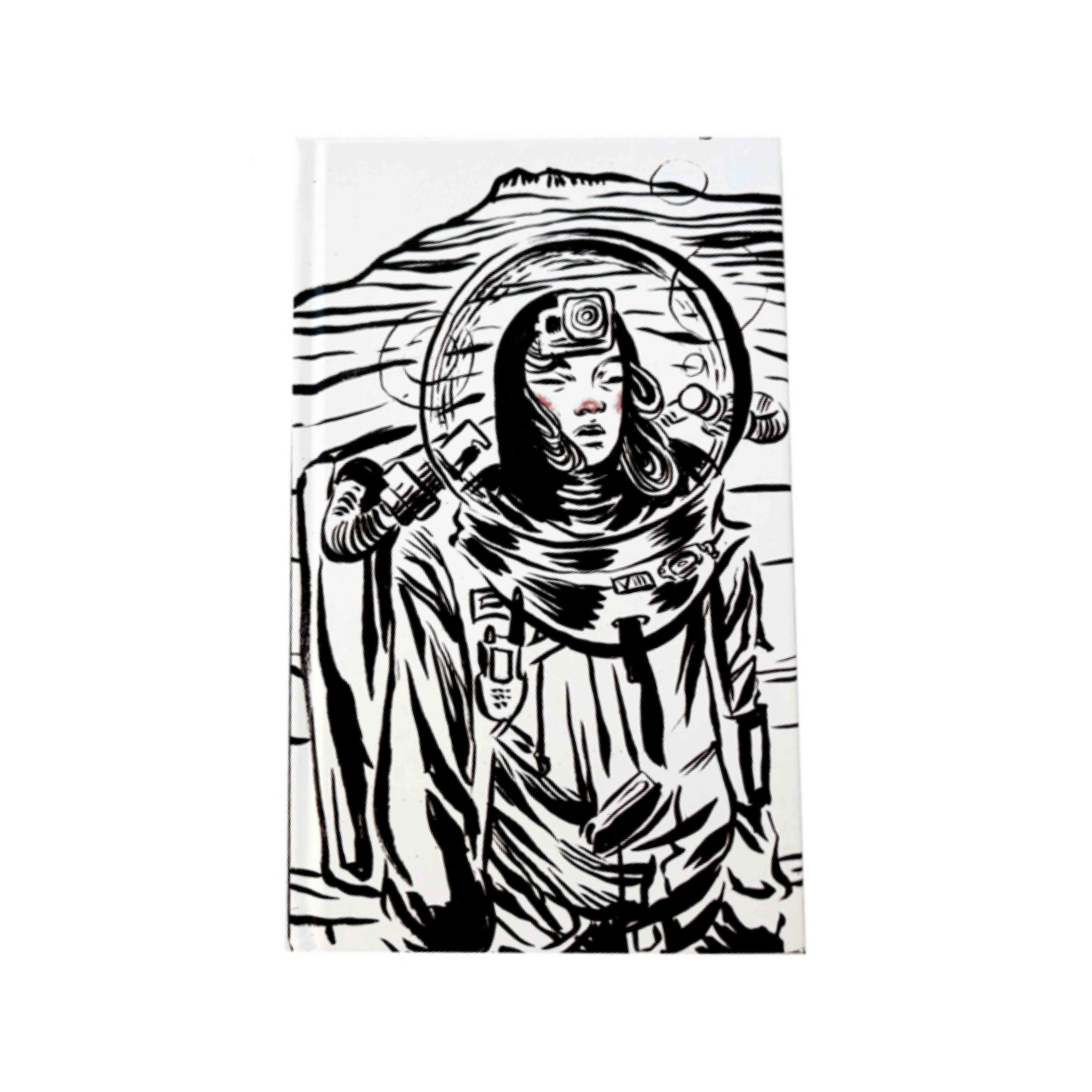 Black and white illustration of an astronaut on a white background