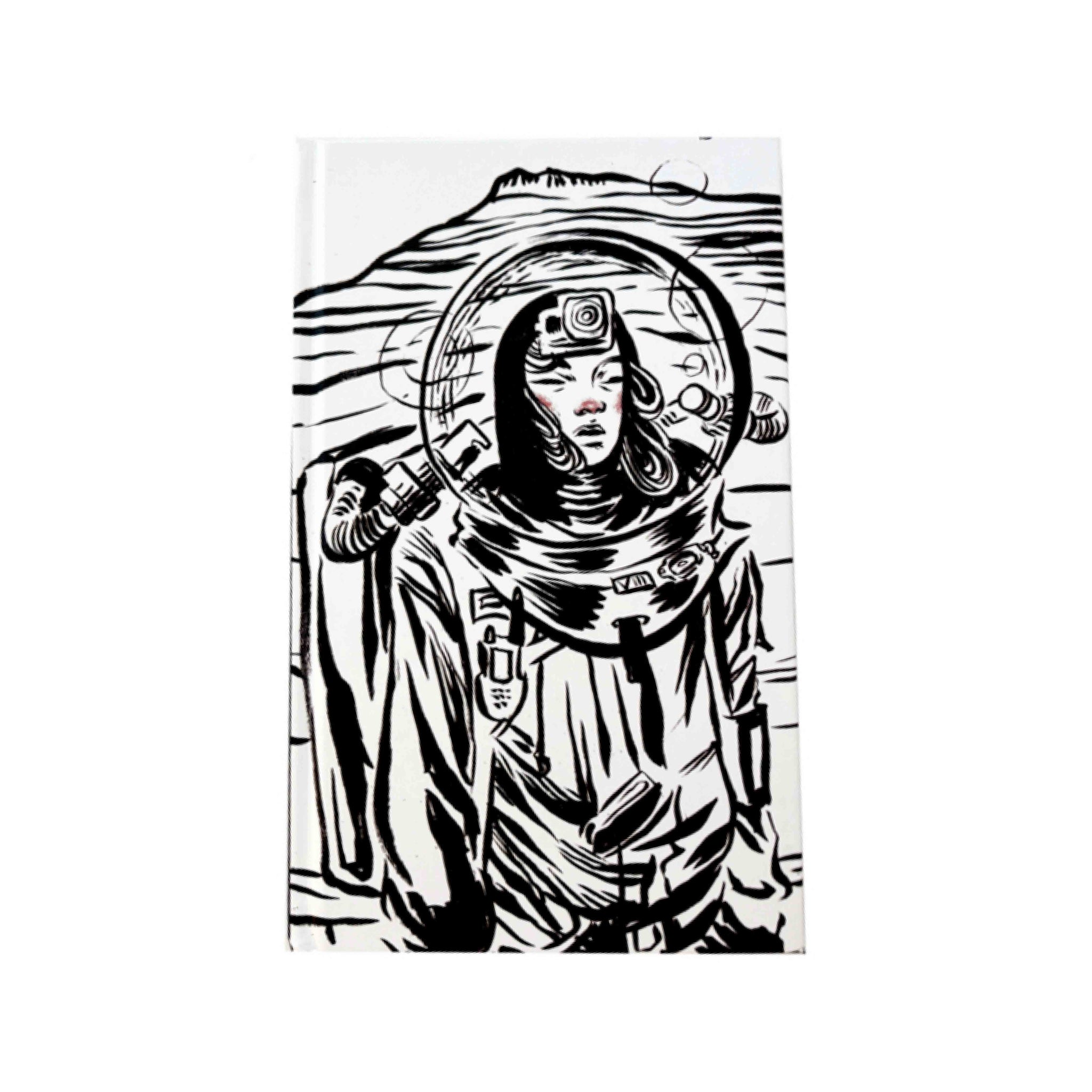 Black and white illustration of an astronaut on a white background