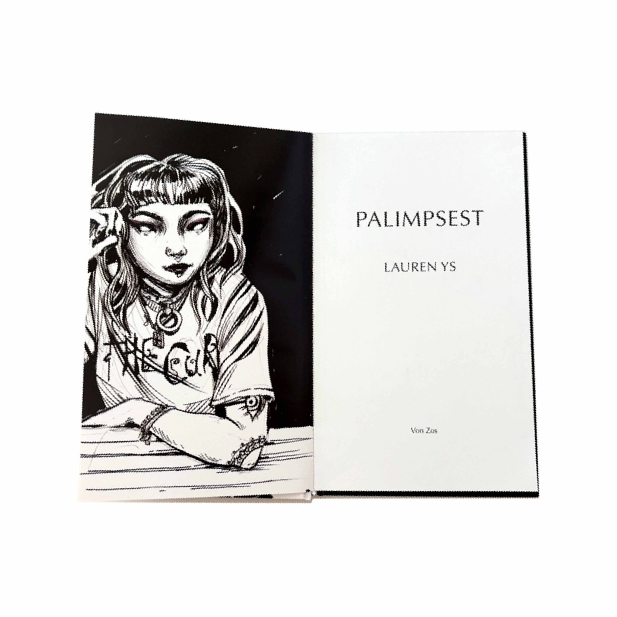 Book titled 'Palimpsest' by Lauren YS with a black and white illustration on the cover.