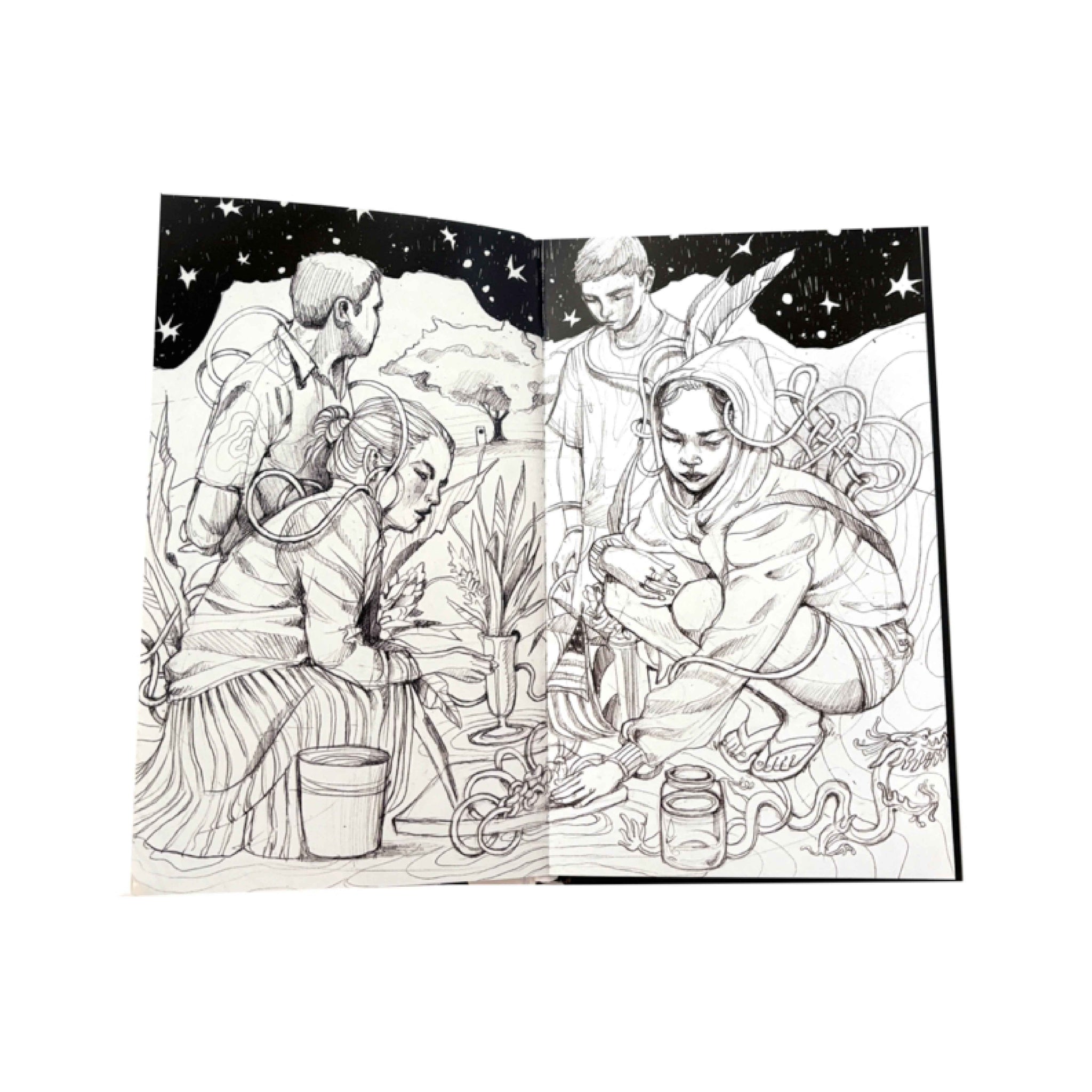 Illustrated scene with people and plants on a white background