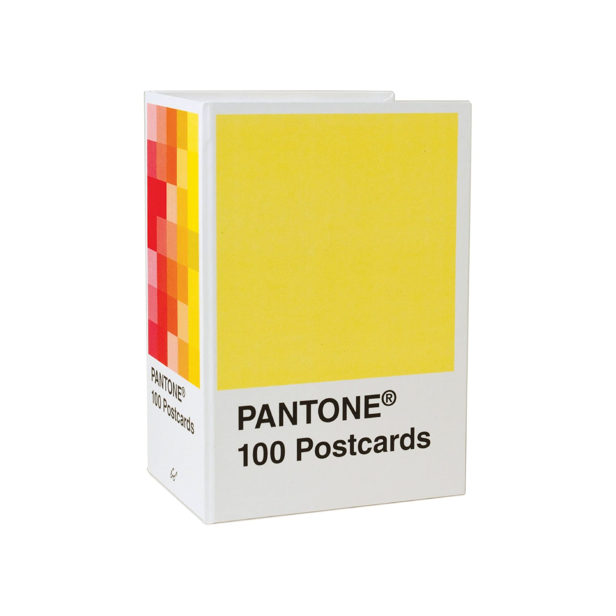 Pantone 100 postcards packaging with a yellow cover on a white background