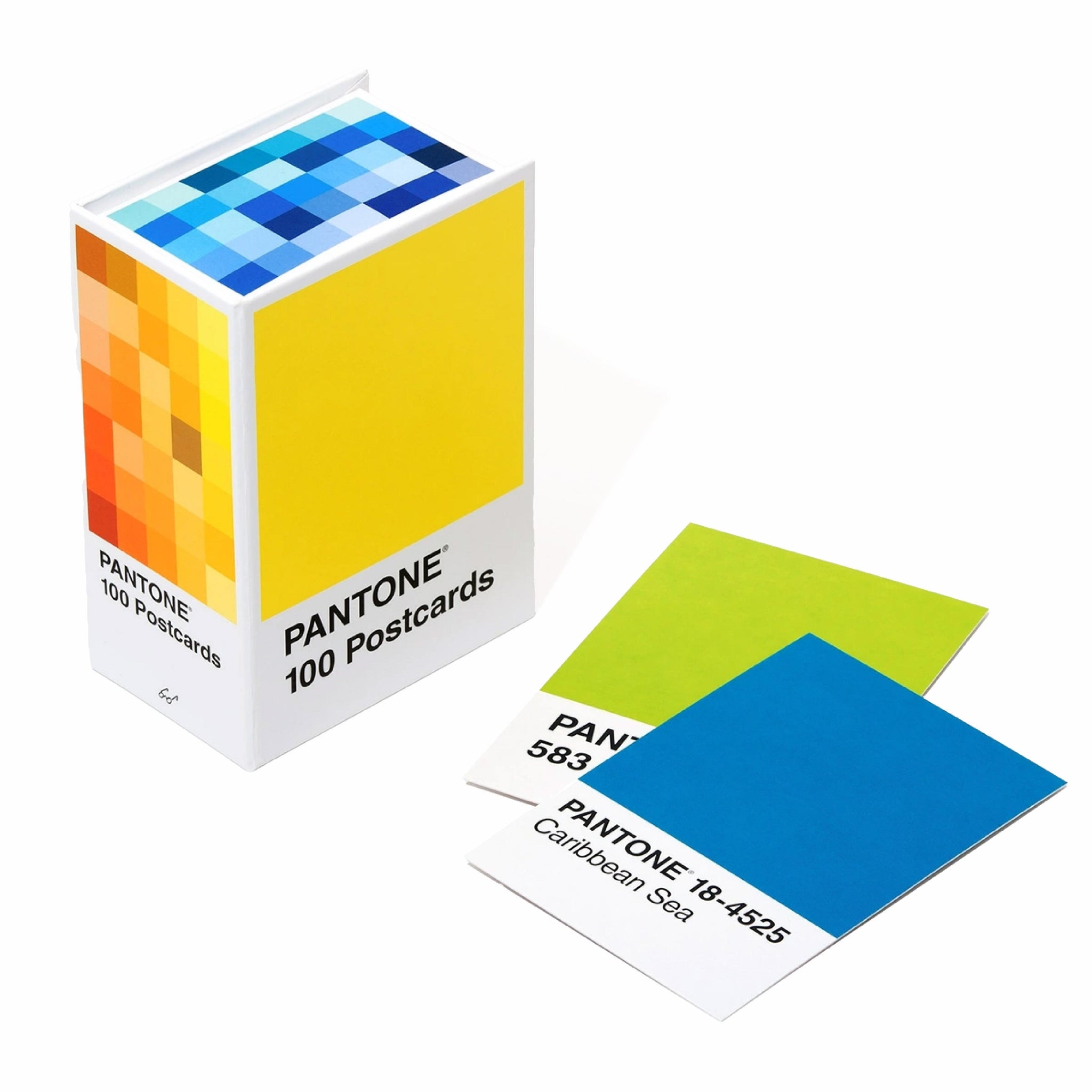Pantone 100 postcards with color swatches on a white background