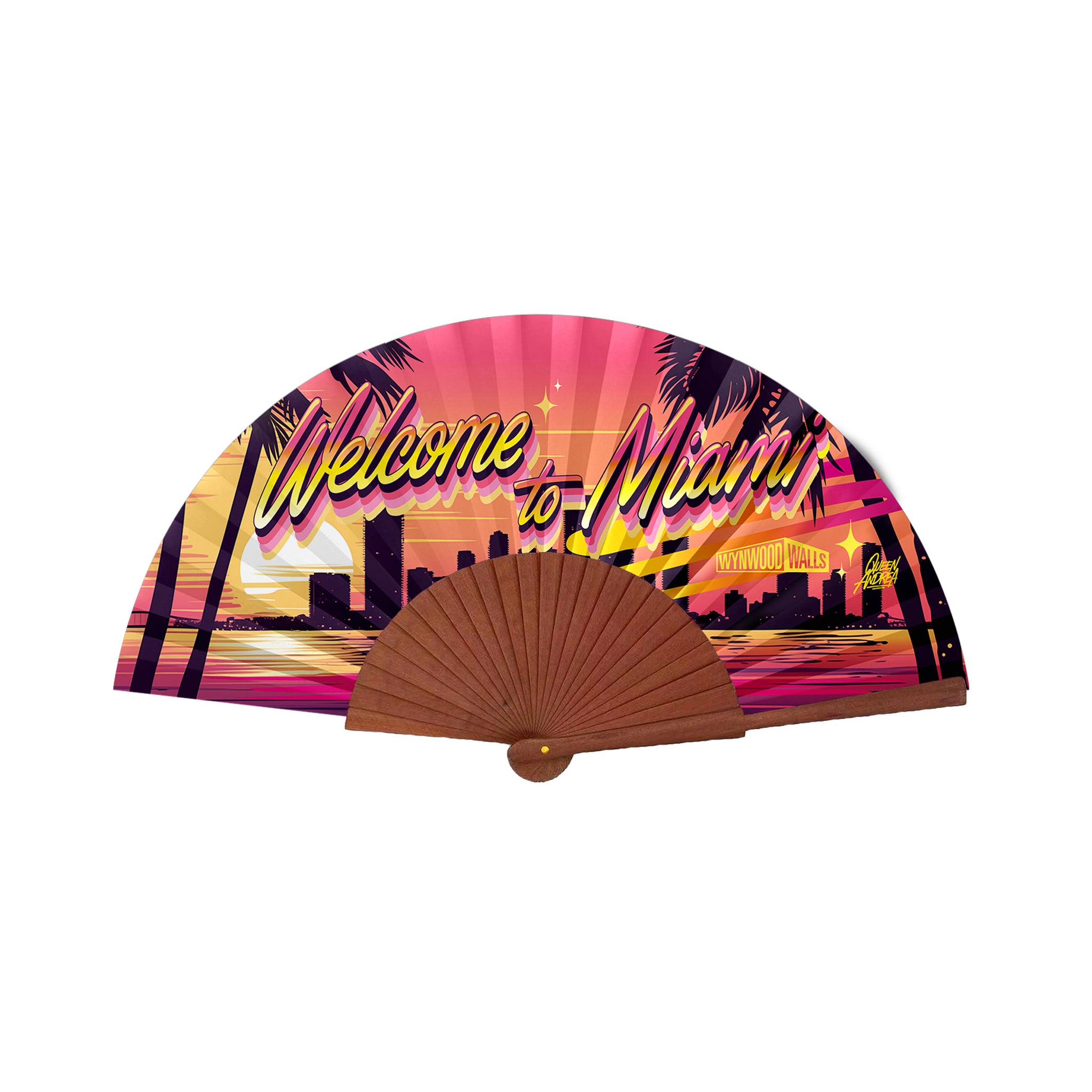 Queen Andrea WELCOME TO MIAMI SUNSET Wooden Hand Fan