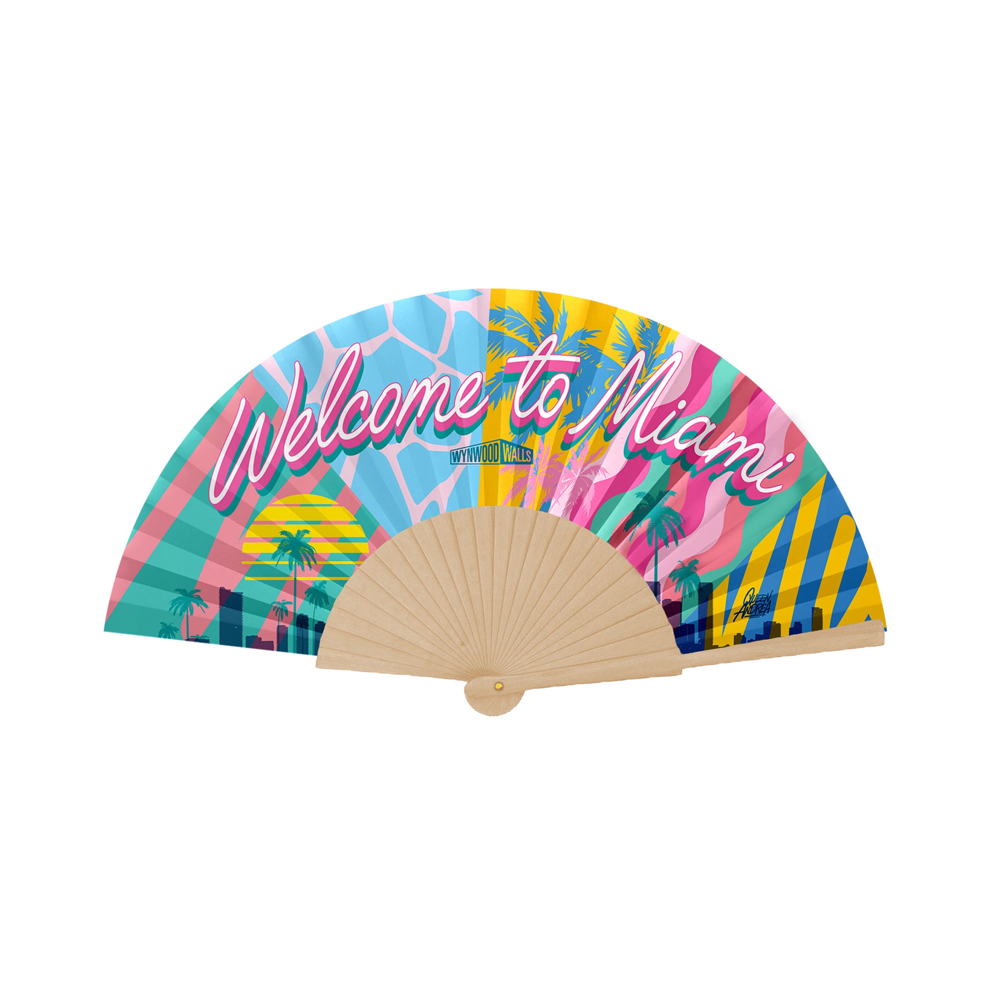 Queen Andrea WELCOME TO MIAMI RETRO Wooden Hand Fan
