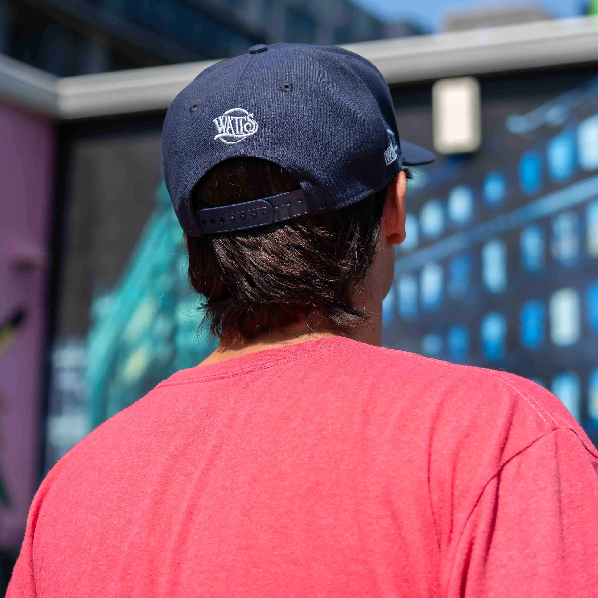 Person wearing a navy cap with a logo, facing away from the camera with a colorful background.