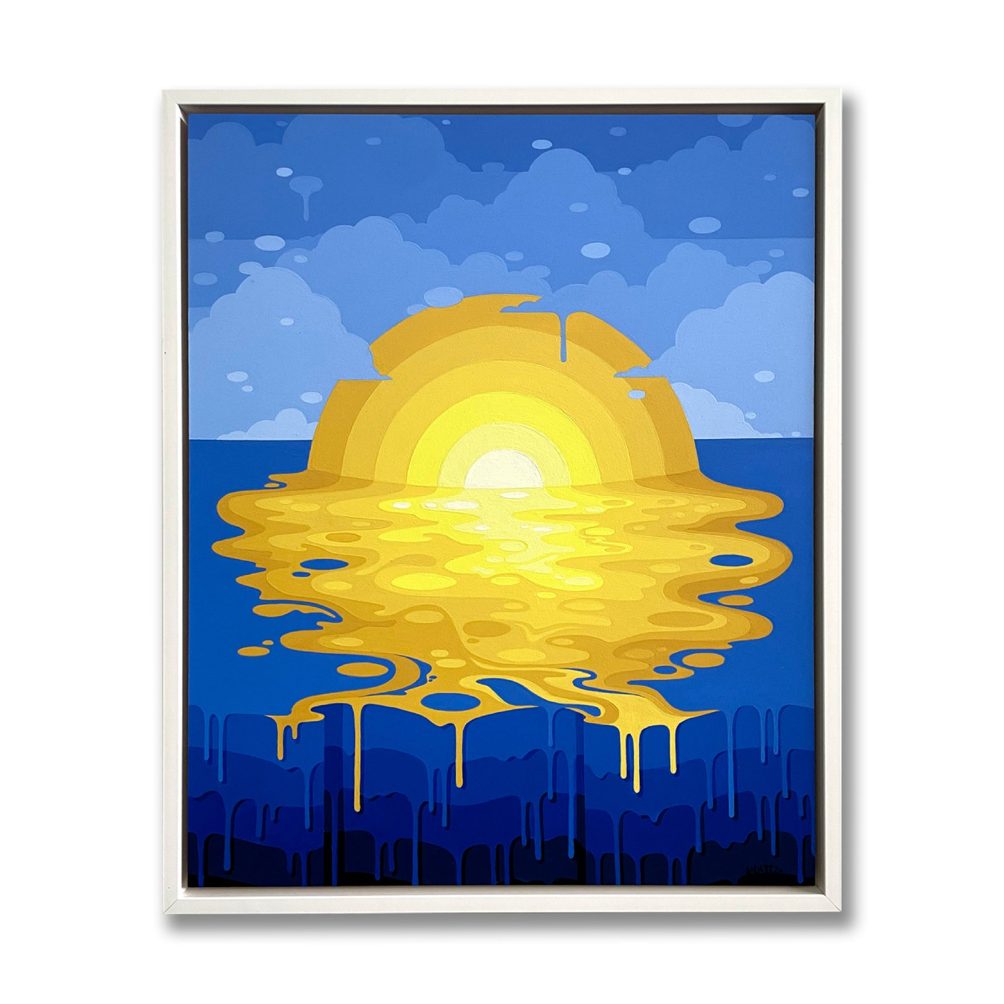 Framed artwork of a sun reflecting in water with a blue sky background