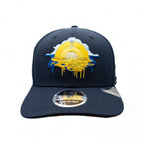 Navy blue cap with a yellow and white design on a white background