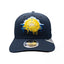 Navy blue cap with a yellow and white design on a white background