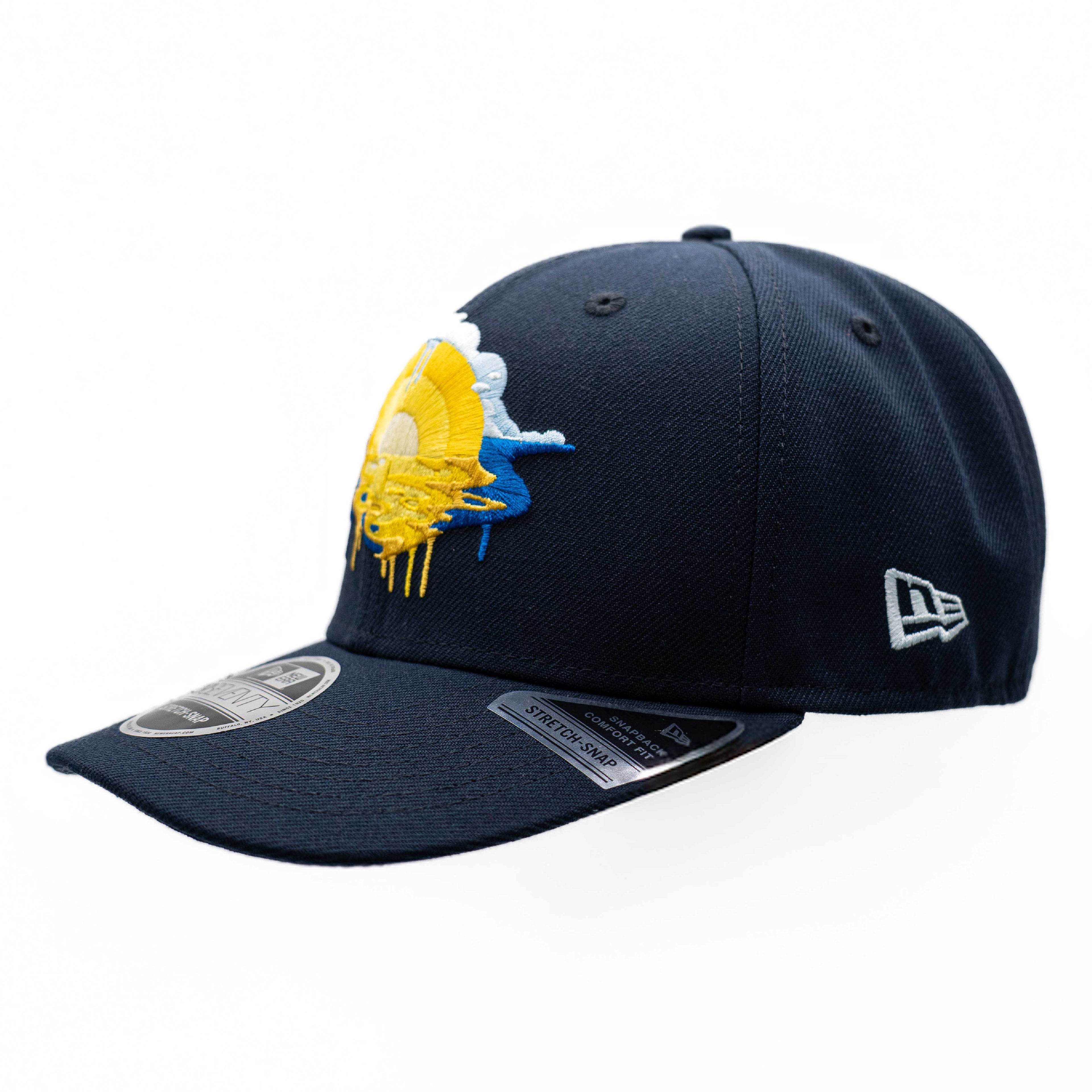 Navy blue cap with a colorful logo on a white background