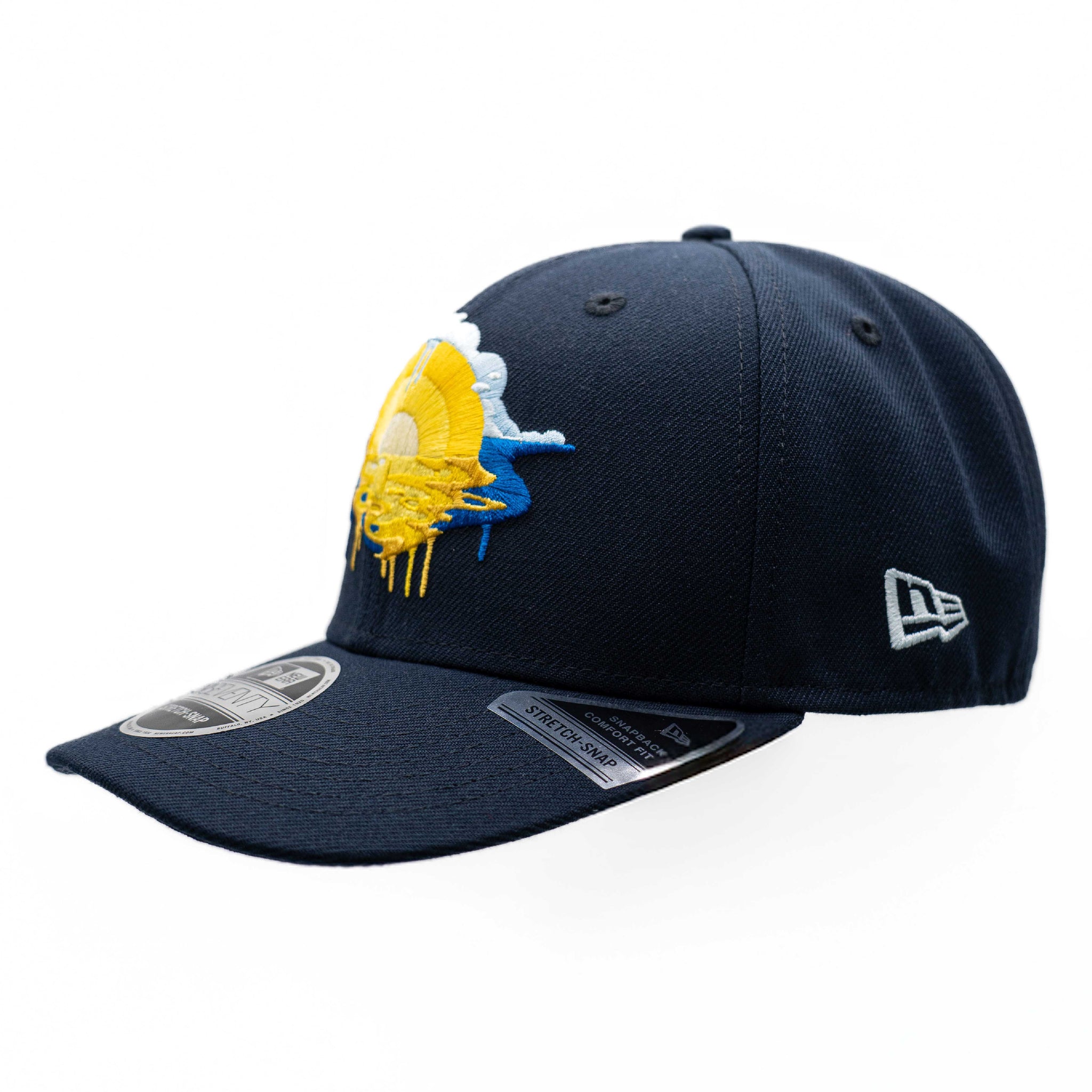 Navy blue cap with a colorful logo on a white background