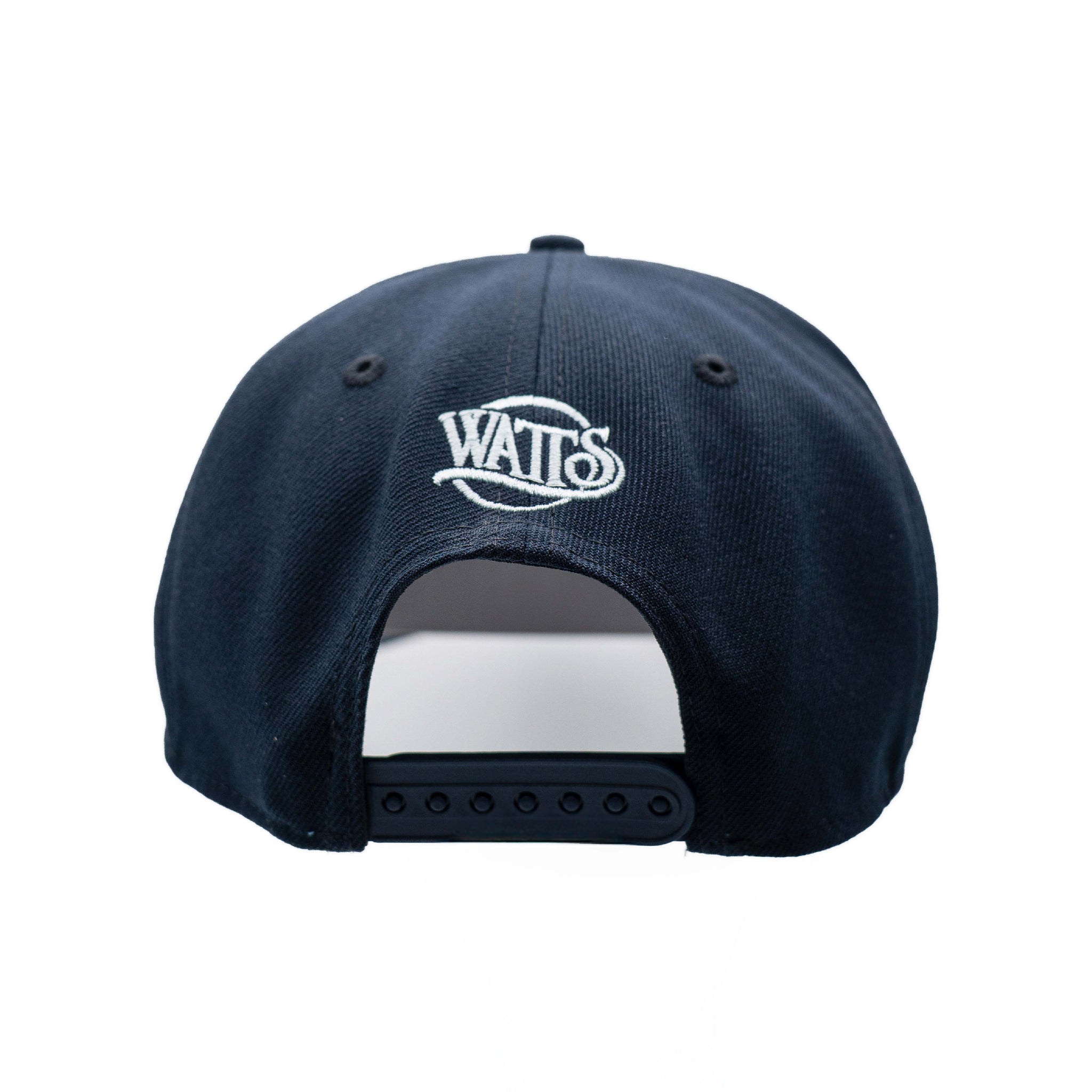 Navy blue cap with a white logo on the back against a white background
