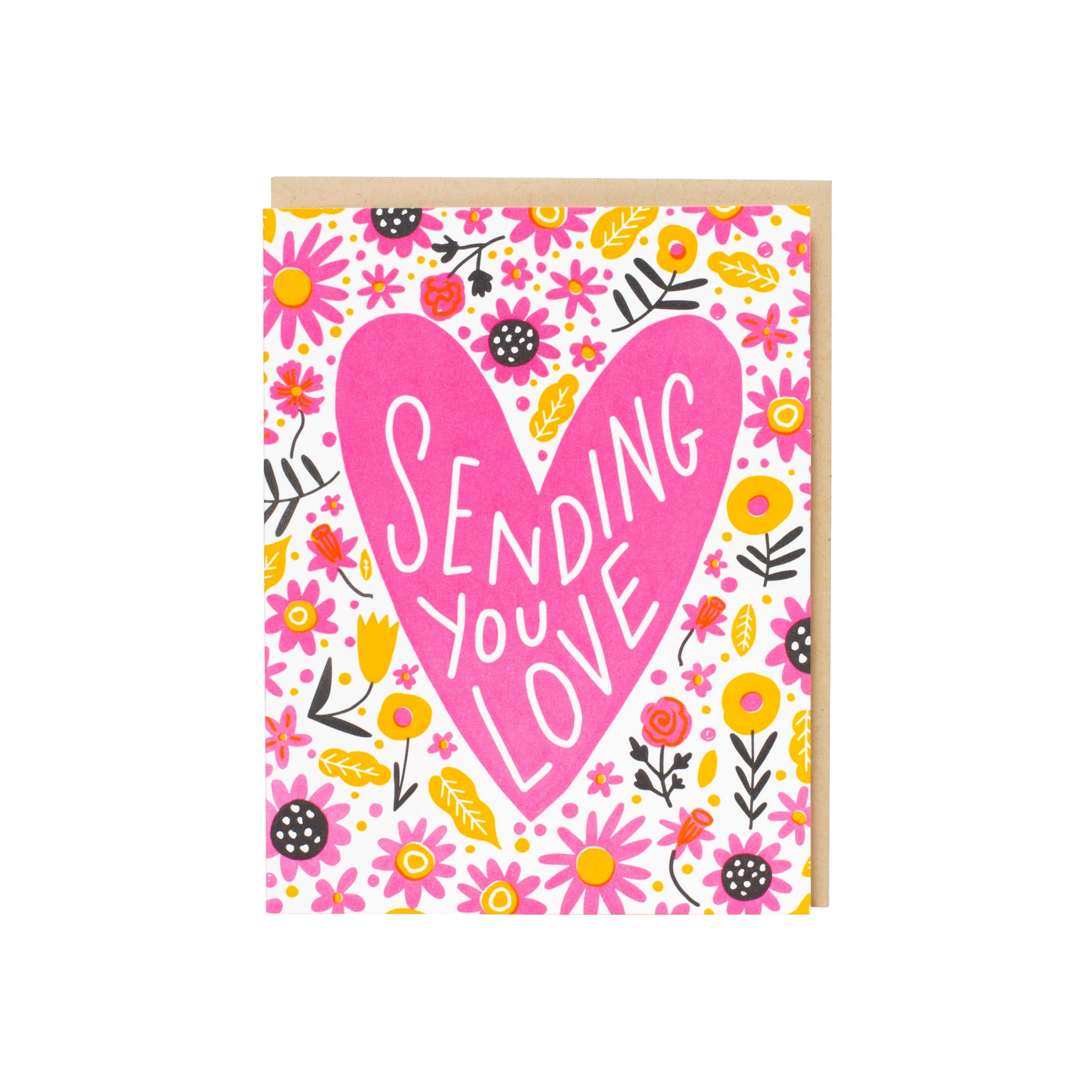 Greeting card with pink heart reading ‘Sending Love’ surrounded by colorful floral illustrations on a white background Main image