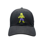A black baseball cap with an embroidered green character on the front.