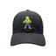 A black baseball cap with an embroidered green character on the front.