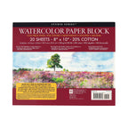 Watercolor paper block packaging with a scenic illustration on a white background