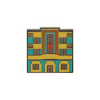 Colorful enamel pin shaped like an Art Deco building in yellow, teal, and orange