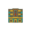 Colorful enamel pin shaped like an Art Deco building in yellow, teal, and orange