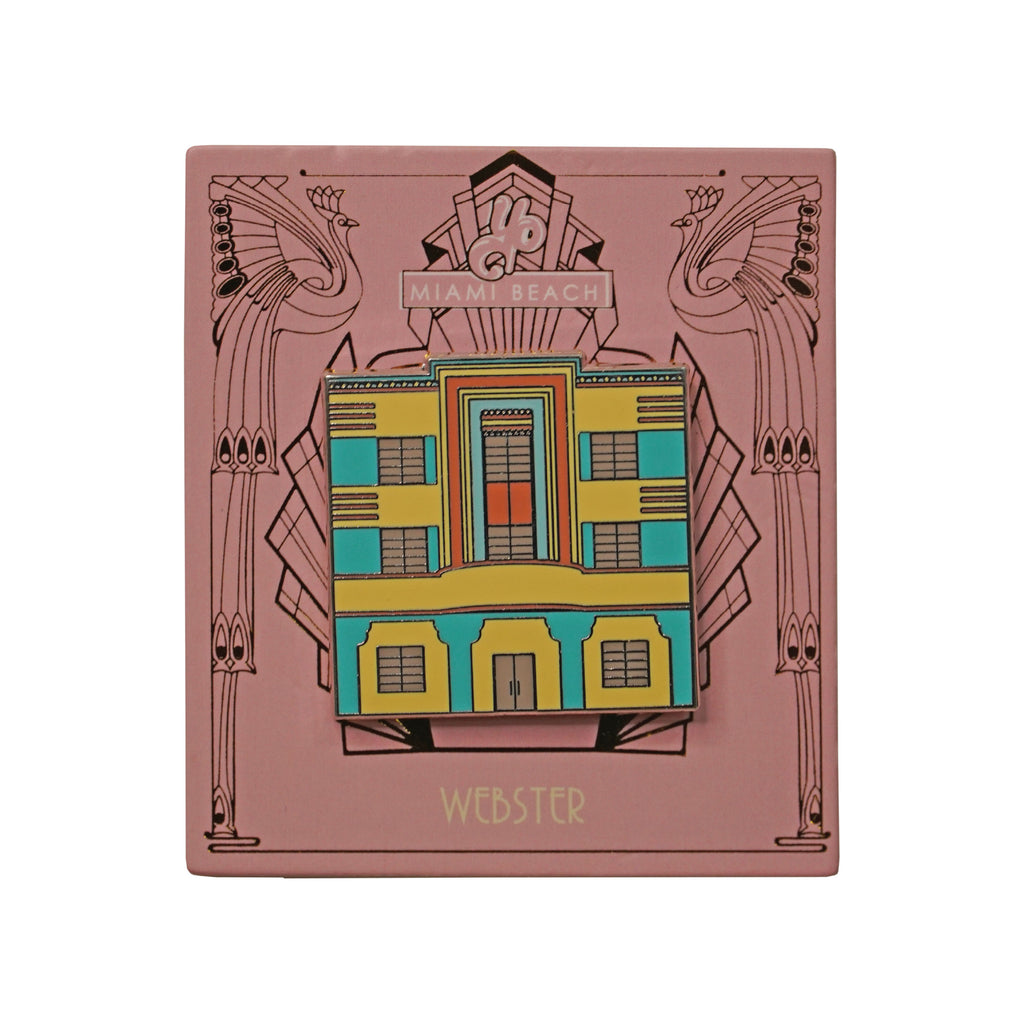 Webster Art Deco building pin displayed on a pink Miami Beach backing card