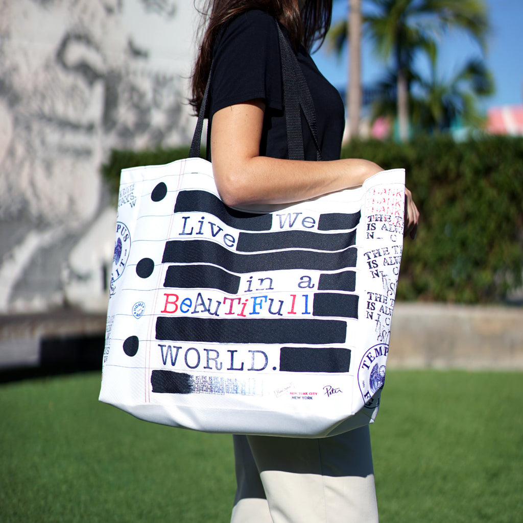 Peter Tunney WE LIVE IN A BEAUTIFUL WORLD Large Tote Bag - Wynwood Walls Shop