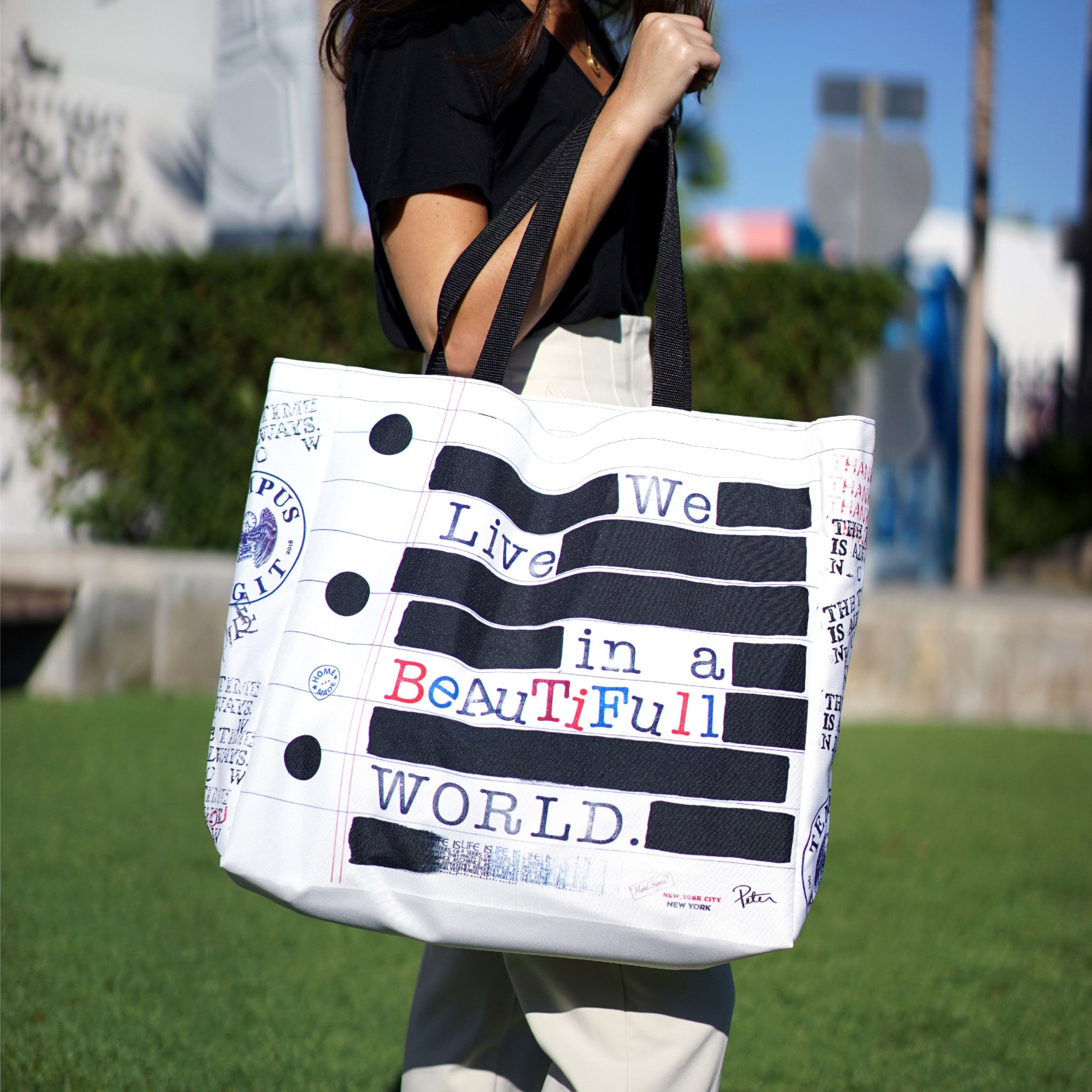 Peter Tunney WE LIVE IN A BEAUTIFUL WORLD Large Tote Bag - Wynwood Walls Shop