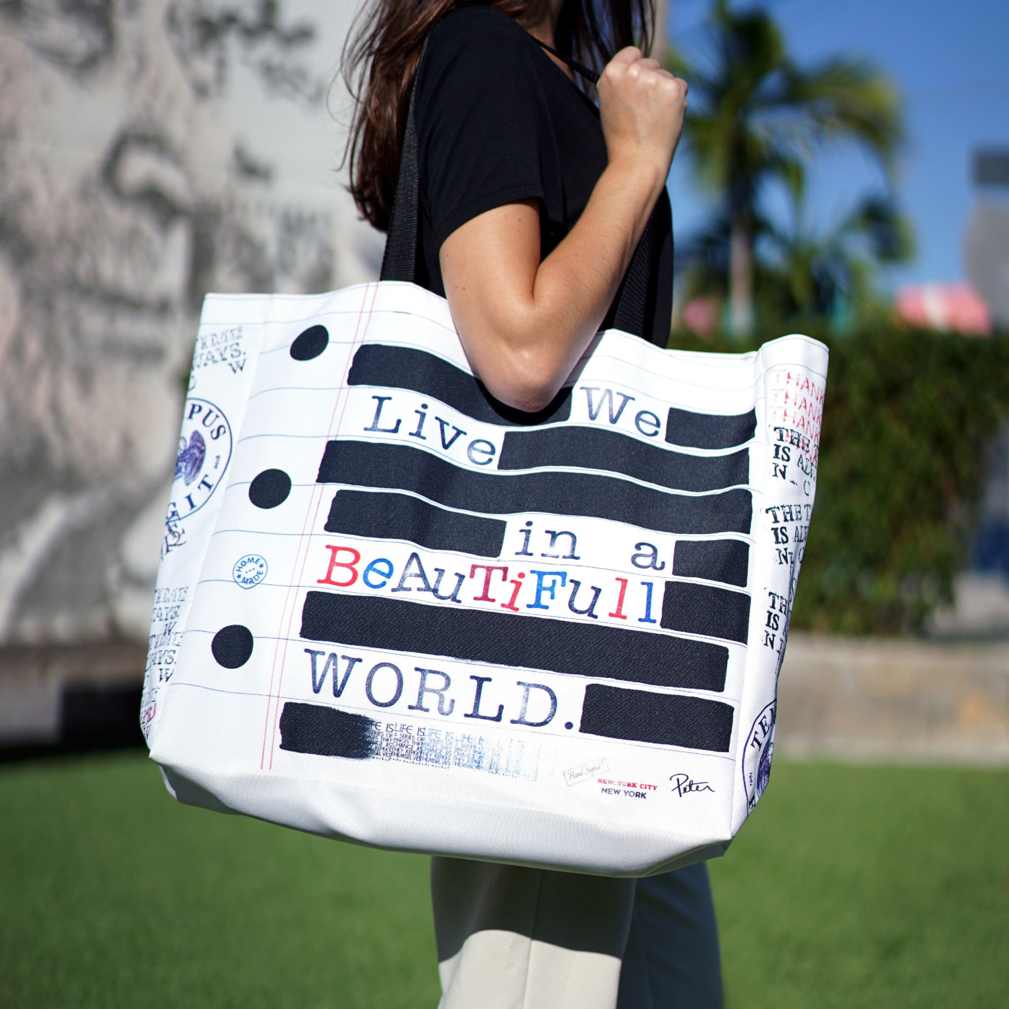 Peter Tunney WE LIVE IN A BEAUTIFUL WORLD Large Tote Bag - Wynwood Walls Shop
